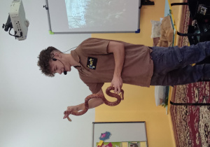 Pan prowadzący warsztaty pokazuje nam węża zbożowego.
