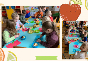 Dzieci kroją owoce na szaszłyki i sałatkę owocową