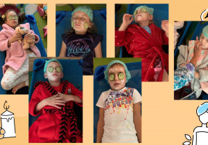 Dzieci leżą na leżakach z plastrami ogórków na oczach i kremową maseczką na twarzy