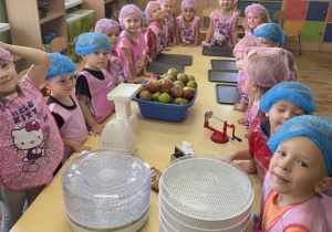 Dzieci ubrane w fartuszki i specjalne czepki stoją przy stole na którym znajdują się suszarki do owoców, maszynka do robienia chipsów i tarka.