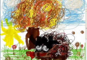 I miejsce - Sebastian B. - Jesienny rysunek dziecka: drzewo w barwach jesieni, słońce i jeż na łące.