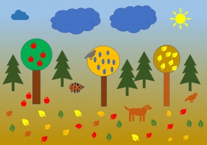 II miejsce - Kacper G. - Jesienny park: drzewa z owocami, iglaki, liście, pies, ptak i jeż.