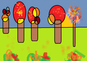 III miejsce - Franciszek W. - Szpaler jesiennych drzew na łące, czerwono-żółte korony, zachodzące słońce i sterty liści.