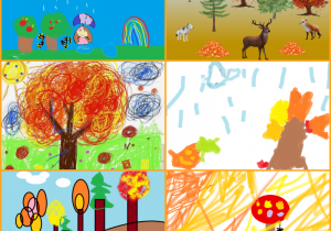 Kolaż jesienny: deszcz z parasolem, las ze zwierzętami, barwne drzewa, krople deszczu, wzgórze z drzewami i jesienny szkic.