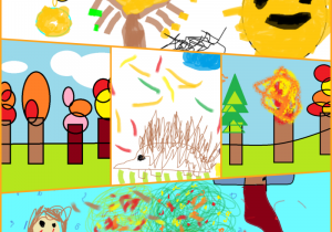 Kolaż dziecięcych rysunków o jesieni: słońce, drzewa, jeż, las, dziecko z koszykiem i spadające liście.