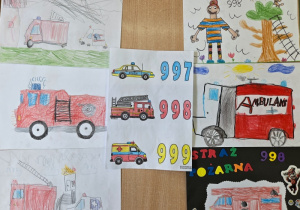 Kolaż dziecięcych prac o służbach: wozy strażackie, ambulans, radiowóz, strażak ratuje kota, numery 997-998-999.