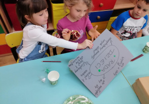 Dzieci palcami w farbie zaznaczają zgodę na zasady funkcjonowania Rady Dzieci na plakacie.