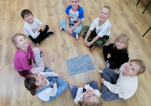 Dzieci siedzą w kręgu wokół plakatu „Rada Dzieci” i omawiają zasady.