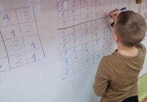Chłopiec wpisuje cyfrę w „Sudoku” 9x9