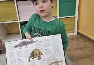 Chłopiec ogląda książkę o dinozaurach podczas zajęć.