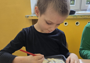 Chłopiec odkrywa szkielet dinozaura podczas zabawy w małego paleontologa.