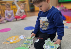 Chłopiec siedzi na dywanie i dopasowuje papierowe motyle do dużych kolorowych kół z liczbami.