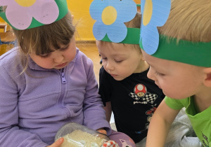 Trójka dzieci siedzi razem i ogląda słoik wypełniony ryżem, w którym ukryte są małe elementy (owady). Dzieci mają na głowach opaski z papierowymi kwiatami.