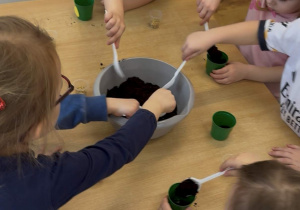 Dzieci nabierają ziemię do doniczek.